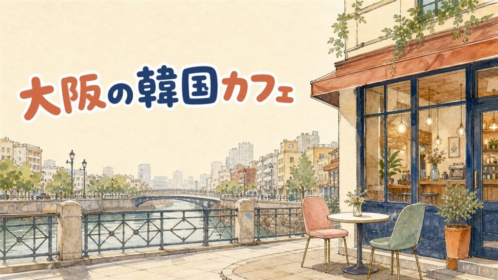 大阪の韓国カフェでダルゴナドリンクとトゥンカロンを楽しむ様子を描いたイラスト