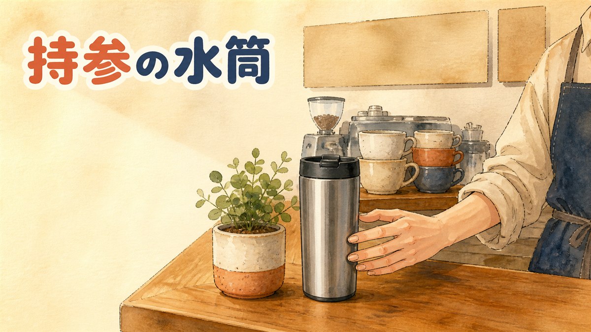 韓国のカフェ店内でマグカップのコーヒーを飲む客と、レジで持参のタンブラーに飲み物を注いでもらう客を並べた情景