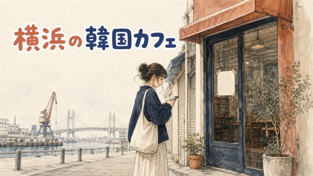 横浜駅前の商業ビルとテイクアウトカップを持つ女性のイラスト