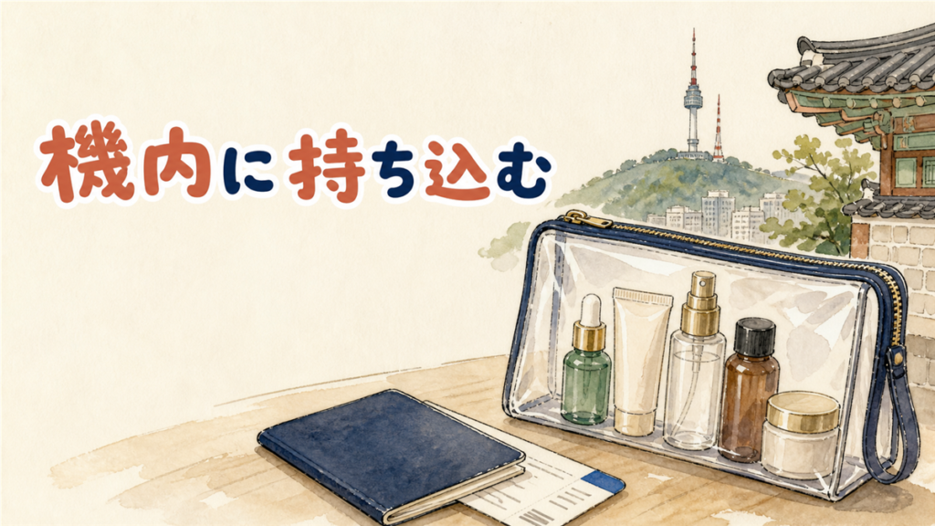 液体コスメを機内に持ち込むイメージ。透明のジッパー袋に小さなコスメの容器が入り、パスポートと搭乗券が添えられた水彩イラスト