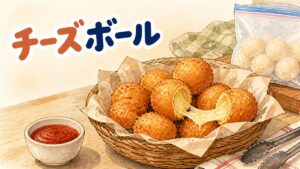 揚げたてのチーズボールを割ると中からチーズがとろりと伸びている写真