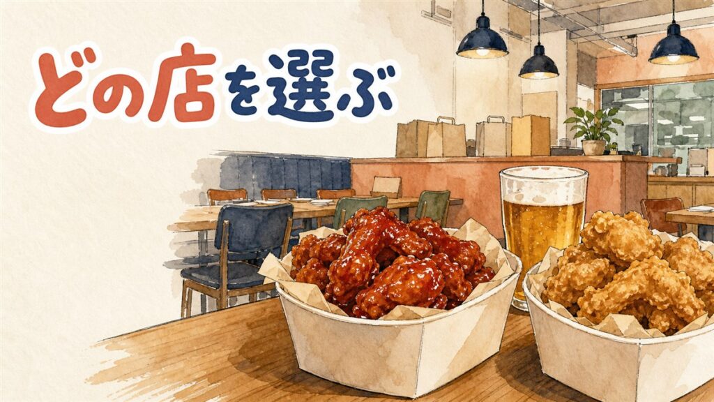 韓国の主要チキンチェーン4社の看板メニューを並べて見比べているイメージ