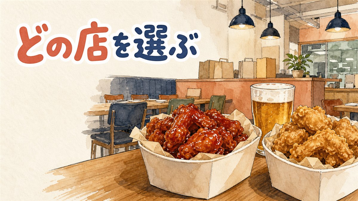 韓国の主要チキンチェーン4社の看板メニューを並べて見比べているイメージ