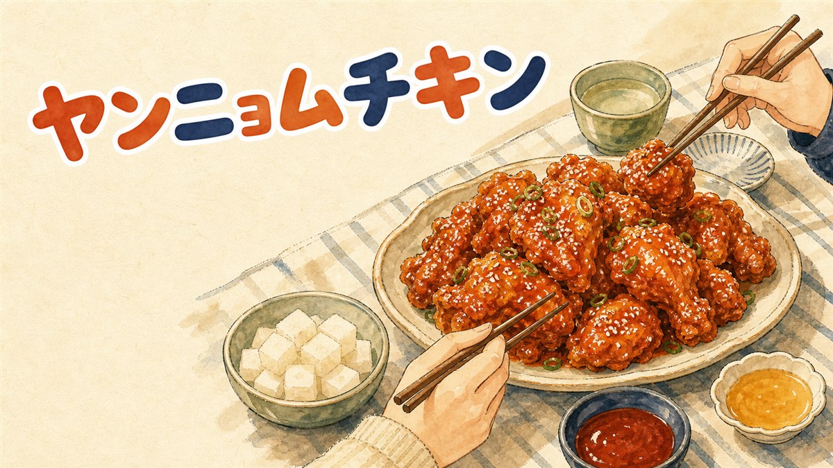 日本の韓国チキン専門店の外観とヤンニョムチキンの盛り合わせ