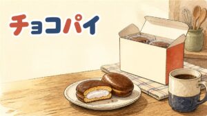 新大久保の韓国食品店の菓子売り場でチョコパイのパッケージを手に取る買い物客の情景