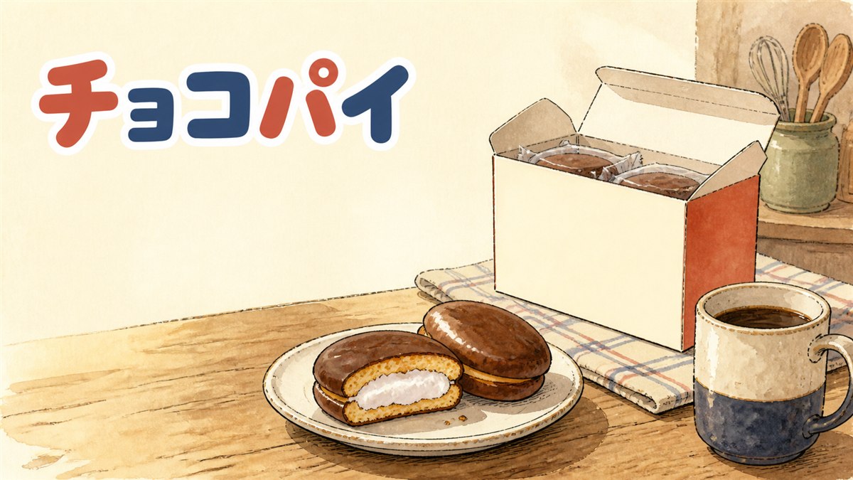 新大久保の韓国食品店の菓子売り場でチョコパイのパッケージを手に取る買い物客の情景