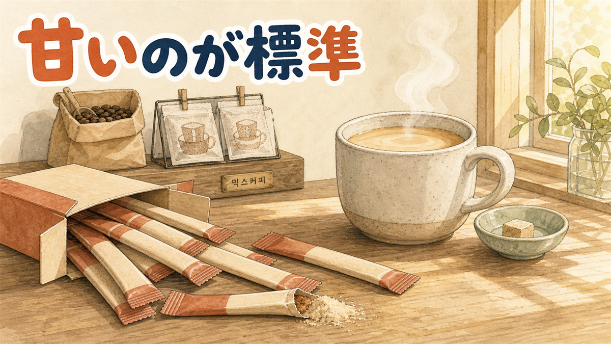 韓国のコーヒー土産の記事のアイキャッチ。箱から出たスティックコーヒーが散らばり、奥に淹れたてのミルク色のコーヒーが湯気を立てているキッチンのイラスト