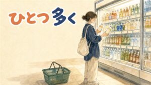 韓国のコンビニ店内で棚の値札を指さしながら商品を選ぶ女性客のイメージ