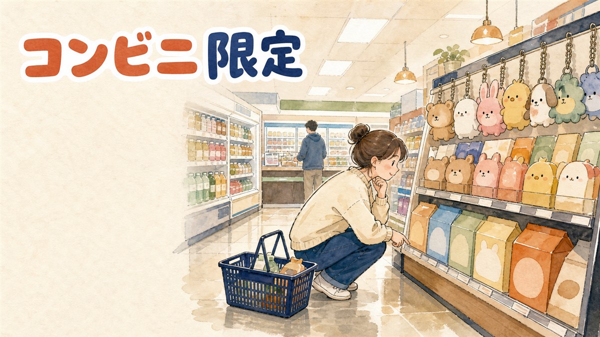 韓国のコンビニ店頭でキャラクターコラボグッズの棚を眺める人物のイメージ