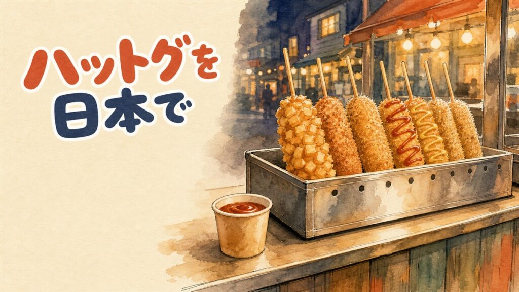 屋台の屋根の下で串に刺したチーズハットグを揚げている情景のイラスト