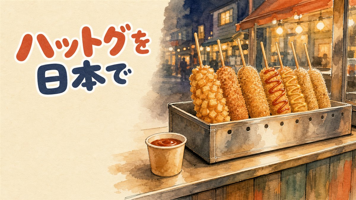 屋台の屋根の下で串に刺したチーズハットグを揚げている情景のイラスト