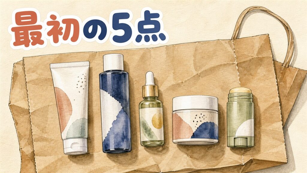 韓国コスメ初心者が最初にそろえる5点のイメージ。クレンジング・化粧水・美容液・クリーム・日焼け止めを紙袋の上に一列に並べた俯瞰図