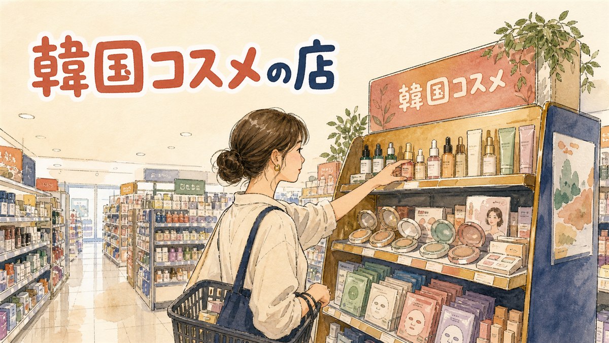 日本のドラッグストアやバラエティショップに並ぶ韓国コスメの棚