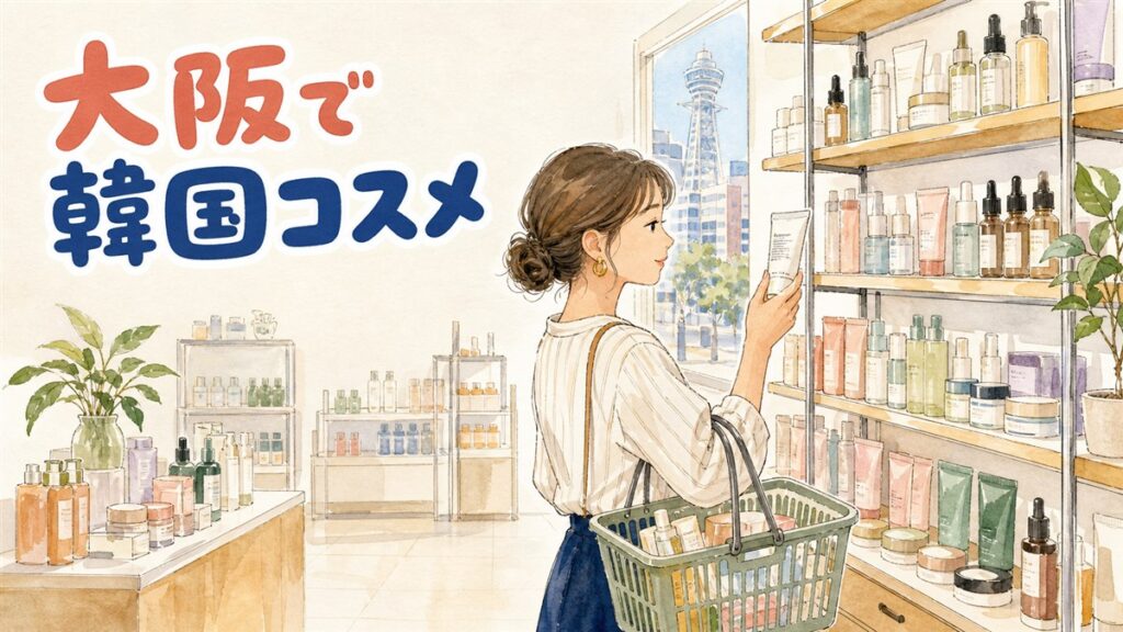 大阪・心斎橋や梅田の韓国コスメ専門店の明るい店先で、スキンケア商品の棚を眺める買い物客のイメージ