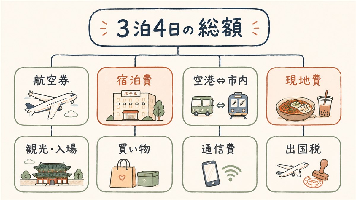 韓国3泊4日の総額を航空券・宿泊費・空港往復・現地費・観光入場・買い物・通信費・出国税の8項目に分解した図