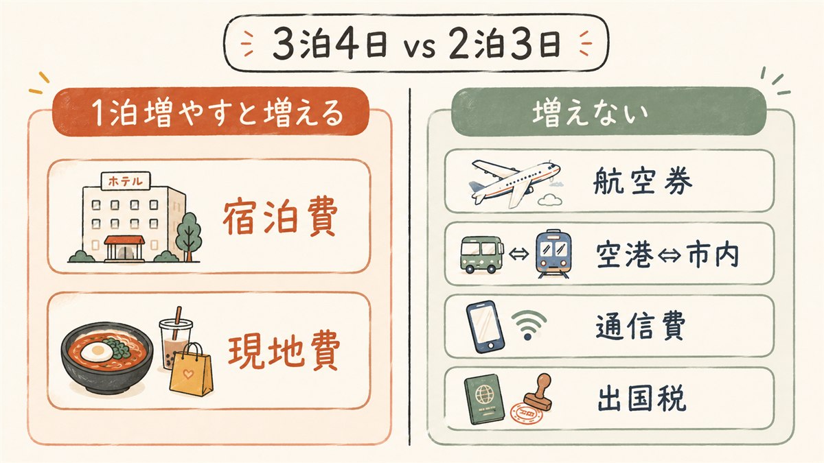 3泊4日と2泊3日を比べ、1泊増やすと増えるのは宿泊費と現地費だけであることを示した図