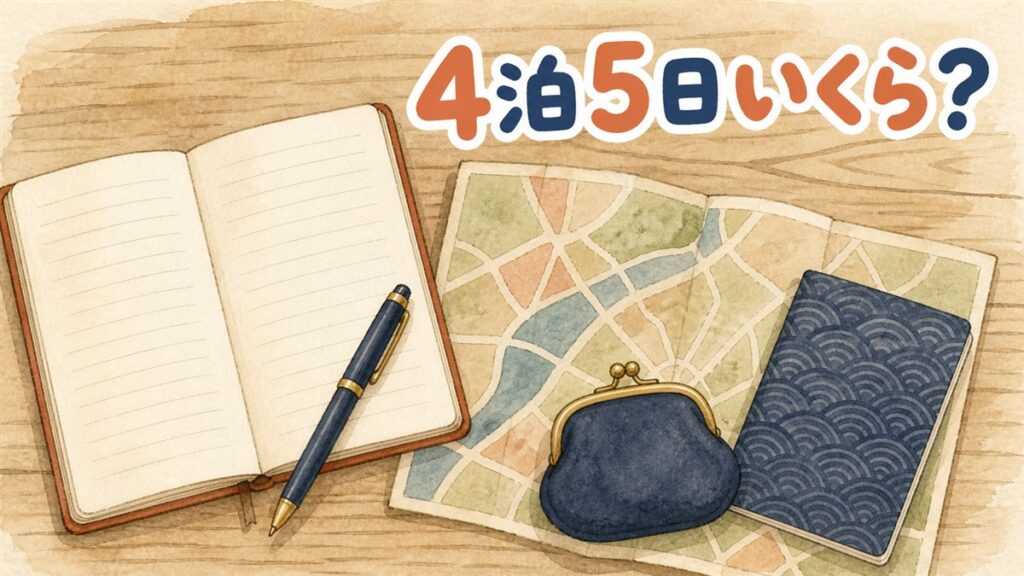 韓国旅行4泊5日の費用を計算するイメージ。机の上に罫線だけのノートとペン、折りたたんだ地図、小銭入れ、パスポート型の冊子が並んでいる