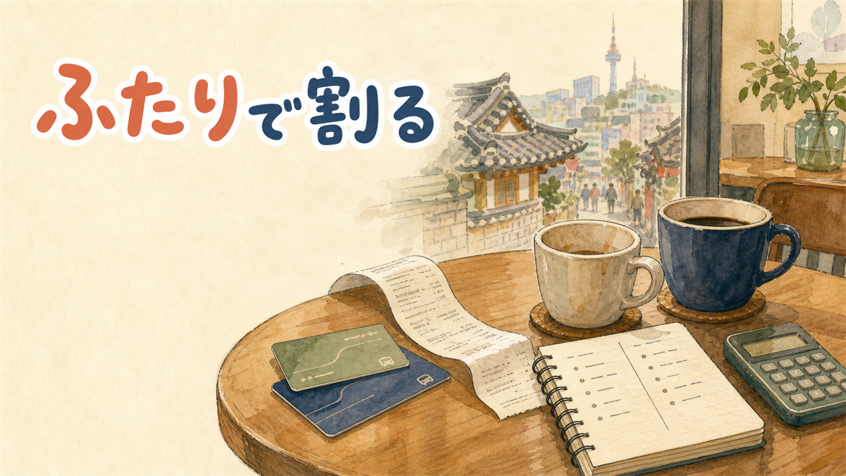 ソウルのカフェのテーブルに、2つのコーヒーカップ・レシート・2列に分けたメモ・電卓が置かれているイラスト