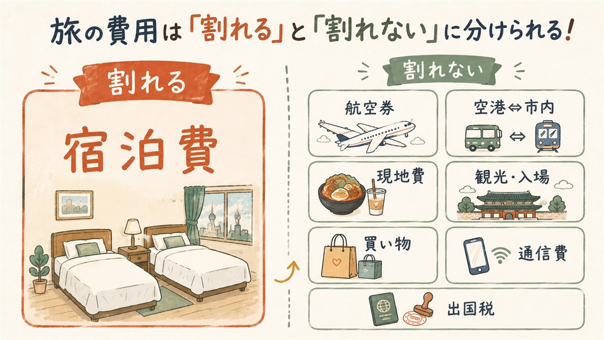 韓国旅行の8費目のうち人数で割れるのは宿泊費だけであることを示した図