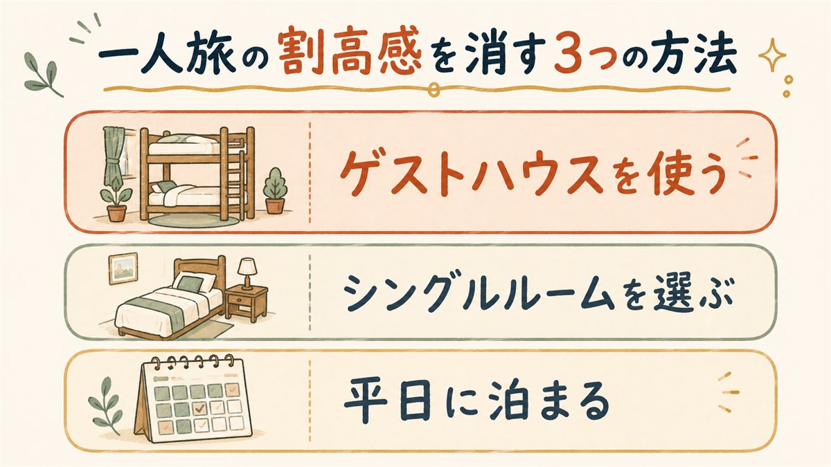 一人旅の割高感を消す3つの方法（ゲストハウス・シングルルーム・平日泊）を並べた図