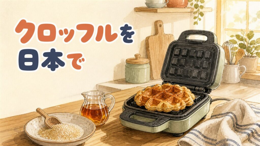クロッフル（クロワッサン生地のワッフル）を焼き上げている情景