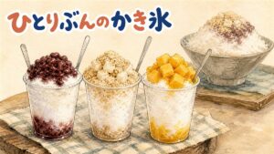 1人用のカップかき氷を3つ並べたイラスト。あずき、きな粉と餅、マンゴーをそれぞれ載せたカップと、背景に従来の大皿サイズのかき氷