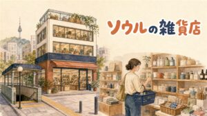 ソウルの大型ダイソー店舗の外観と店内で商品棚を見て回る観光客の様子
