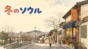 厚手のロングダウンを着た旅行者が、冬の光の飾りが灯るソウルの街角を歩いている一枚