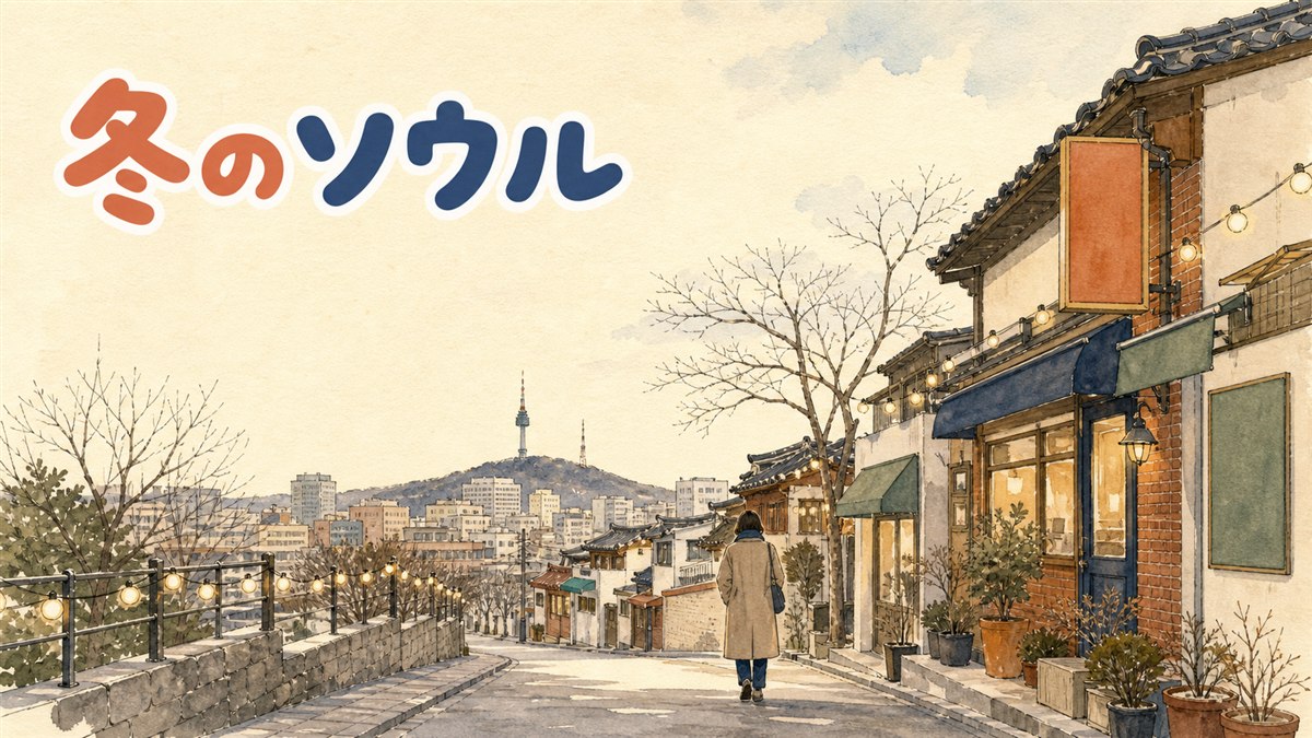 厚手のロングダウンを着た旅行者が、冬の光の飾りが灯るソウルの街角を歩いている一枚