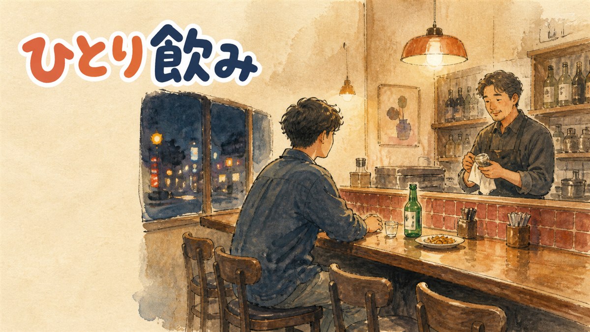 ソウルの小さな酒場のカウンター席で一人静かにお酒を飲む夜のイメージ