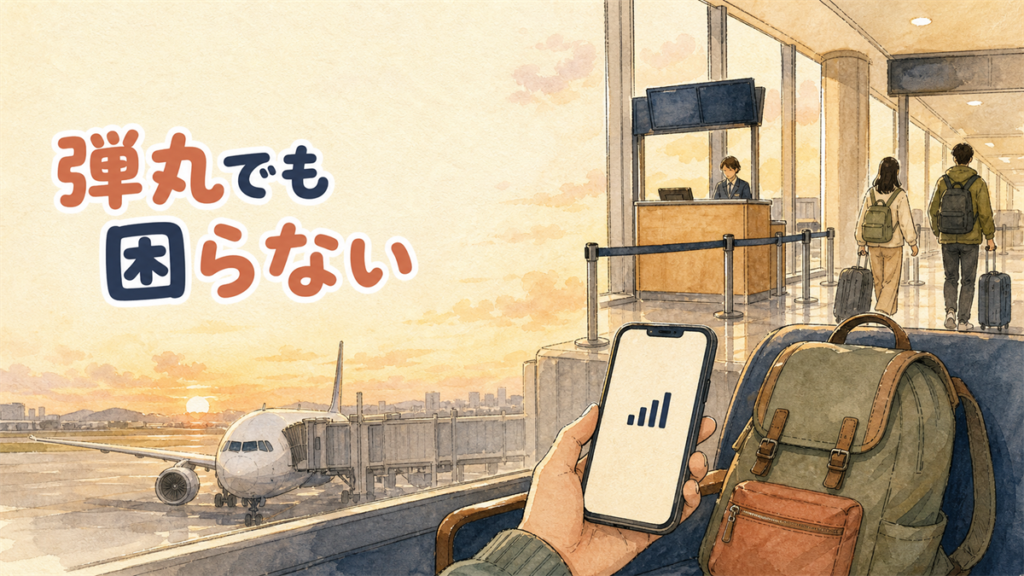 早朝の空港の搭乗ゲートで、座席のリュックのそばにスマートフォンの電波表示が見えているイラスト