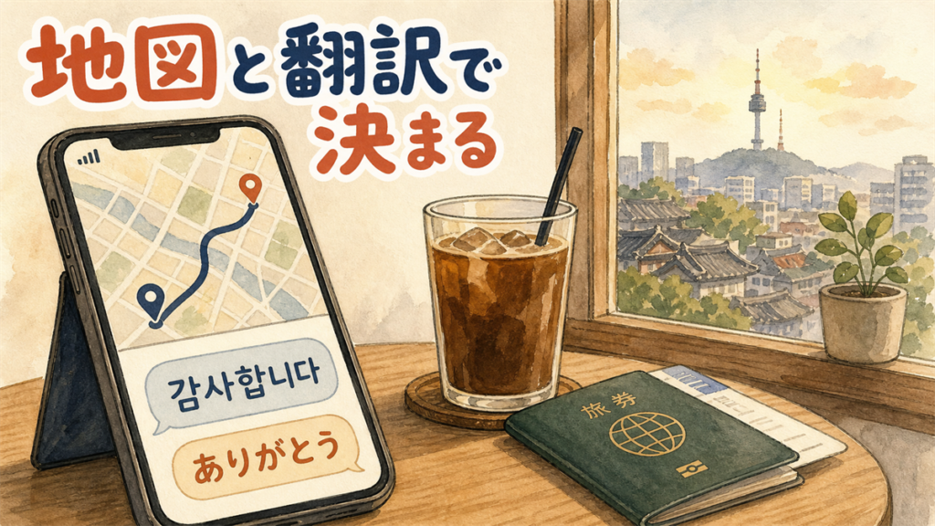 韓国eSIMの1週間プランの記事のアイキャッチ。カフェのテーブルで、地図の経路と翻訳の吹き出しが同時に表示されたスマホが立てかけてあるイラスト