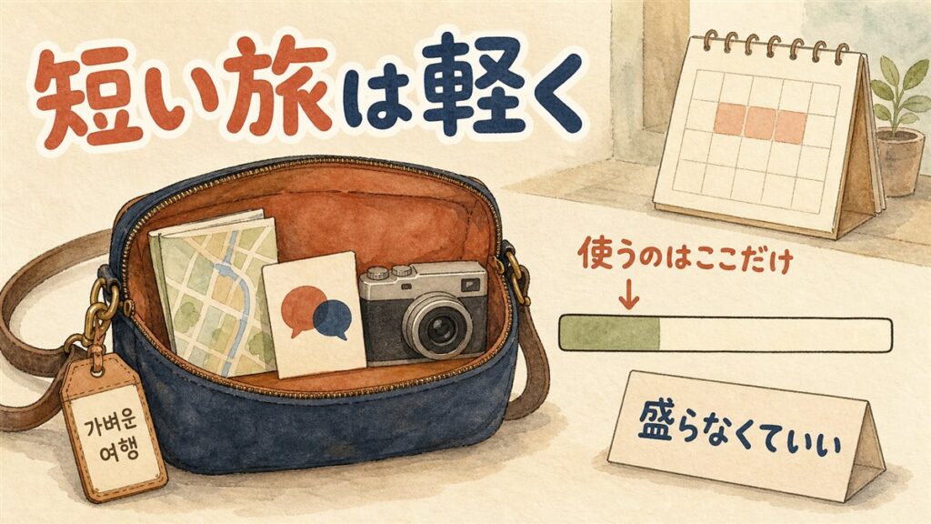 短い韓国旅行のかばんの中身が地図と翻訳とカメラだけで、データ容量のゲージも左側しか埋まっていないことを示した図