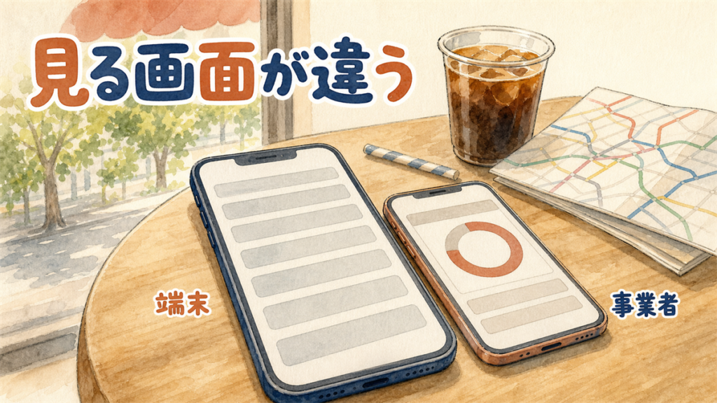 カフェの机に並んだ2台のスマートフォン。端末側の使用量画面と事業者側の残量画面を対比したイラスト