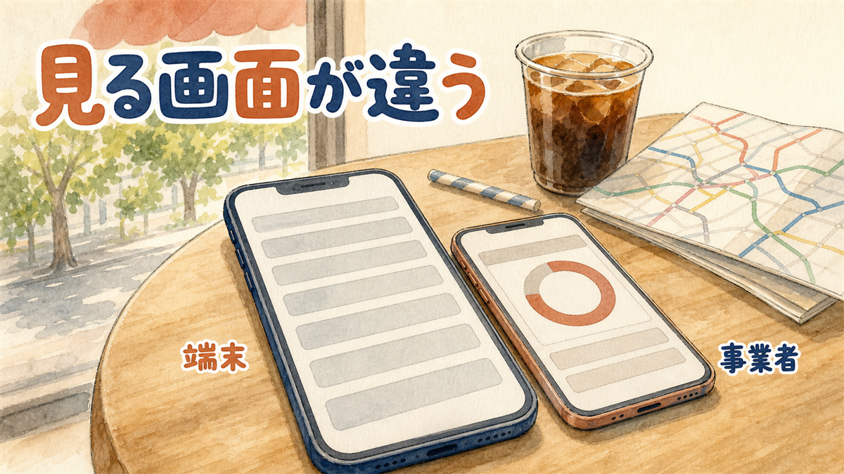 カフェの机に並んだ2台のスマートフォン。端末側の使用量画面と事業者側の残量画面を対比したイラスト