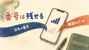 机の上のスマートフォンに、日本の番号と韓国のデータの2本の帯が左右から入っていくイラスト