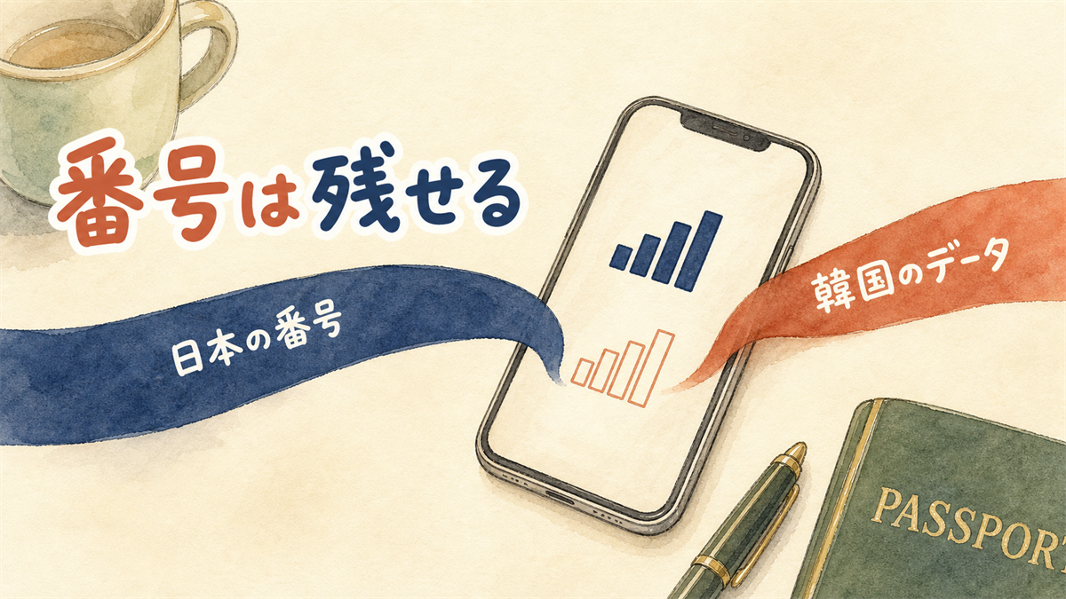 机の上のスマートフォンに、日本の番号と韓国のデータの2本の帯が左右から入っていくイラスト