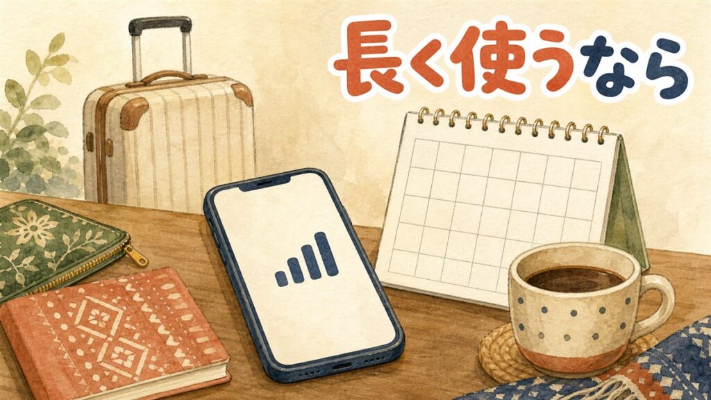 韓国eSIMの長期滞在プランのイメージ。机の上のスマートフォンとカレンダー、コーヒーカップ、奥にスーツケースが置かれている