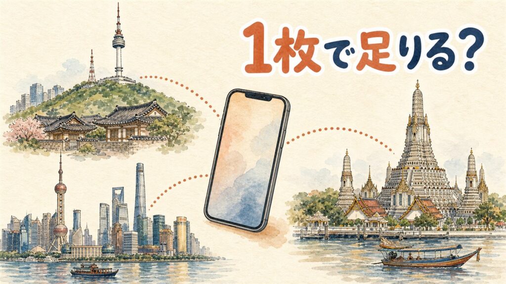 アジア周遊eSIMが1枚で足りるかのイメージ。中央のスマートフォンから3つの都市のシルエットへ点線の弧が伸びている