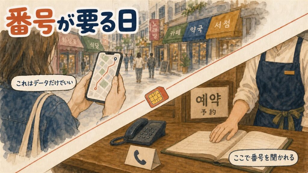 韓国旅行で地図アプリを見るだけならデータ通信で足りるが、店の予約では電話番号を求められる、という2つの場面を並べた図
