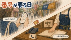 韓国旅行で地図アプリを見るだけならデータ通信で足りるが、店の予約では電話番号を求められる、という2つの場面を並べた図