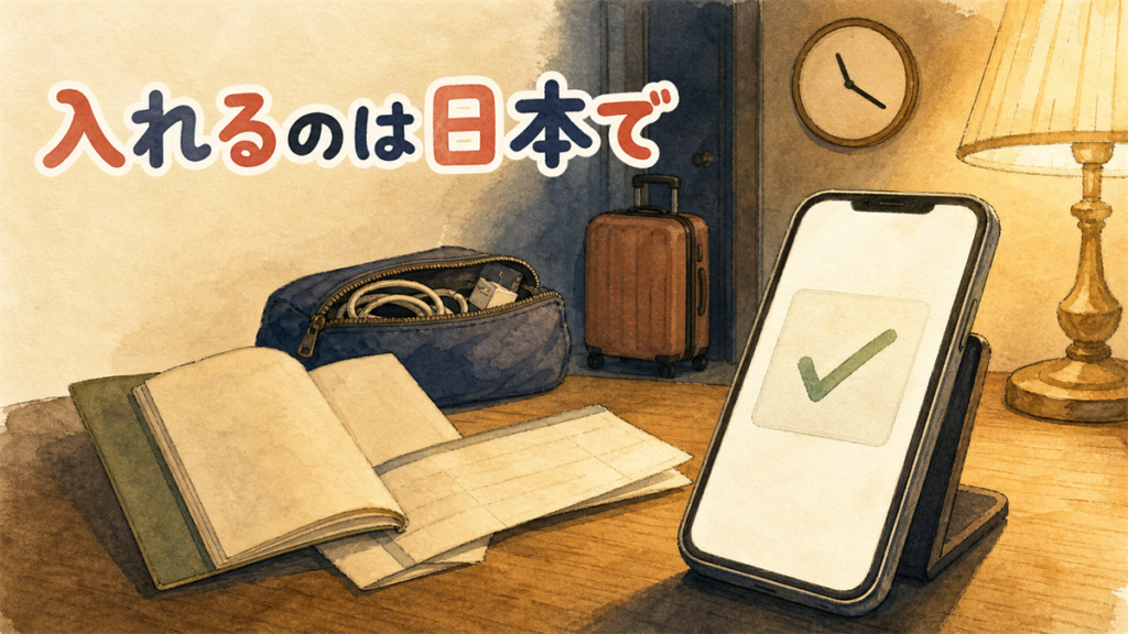 出発前夜の机に置かれたスマートフォンとパスポート。画面に開通済みのチェックマークが見えるイラスト