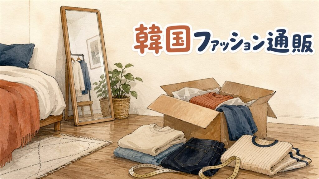 韓国ファッションの通販サイトをスマートフォンで見比べる女性のイラスト