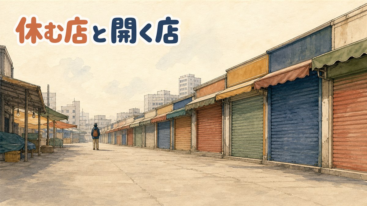 冬のソウルで厚手のコートを着た旅行者が、閉まった店の前を通り過ぎながら奥に伝統的な宮殿の門を見ている情景