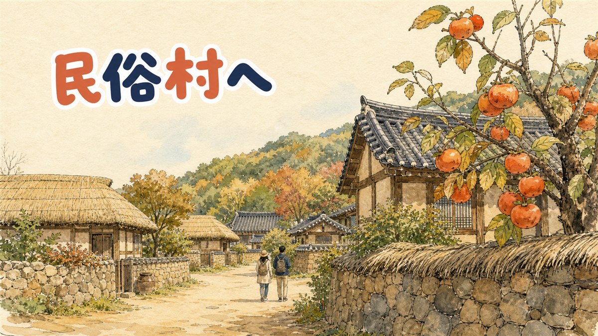 京畿道龍仁市にある韓国民俗村の伝統家屋が並ぶ入口風景