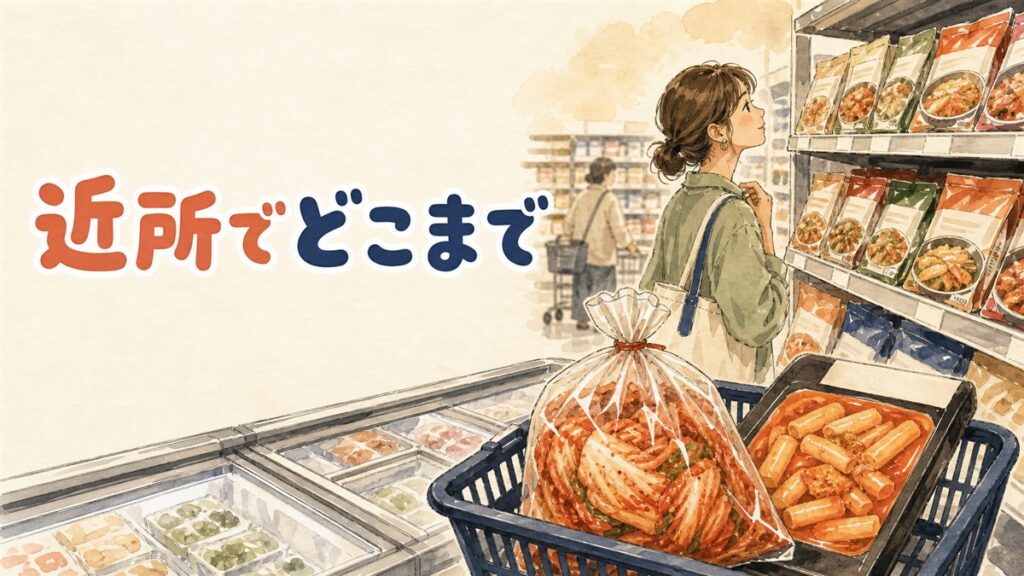 業務スーパーとカルディで買える韓国食品と、専門店に行くべき境界線を示すイメージ