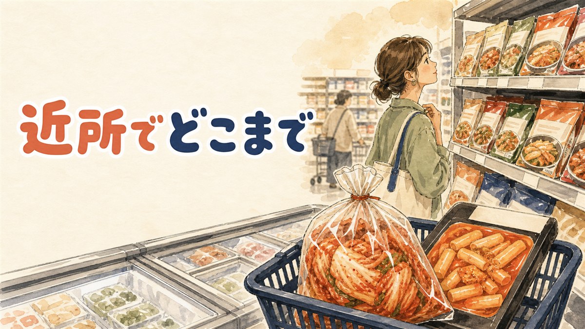 業務スーパーとカルディで買える韓国食品と、専門店に行くべき境界線を示すイメージ