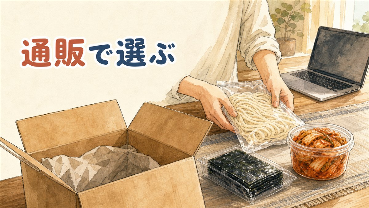 韓国食品の通販を国内モール・専門店の自社通販・韓国直送の3種類で比べるイメージ