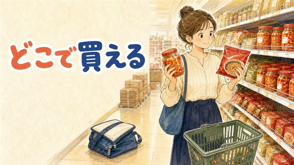 日本で韓国食品を買える店の種類を、専門スーパーからコリアタウン・一般小売・通販まで見比べるイメージ