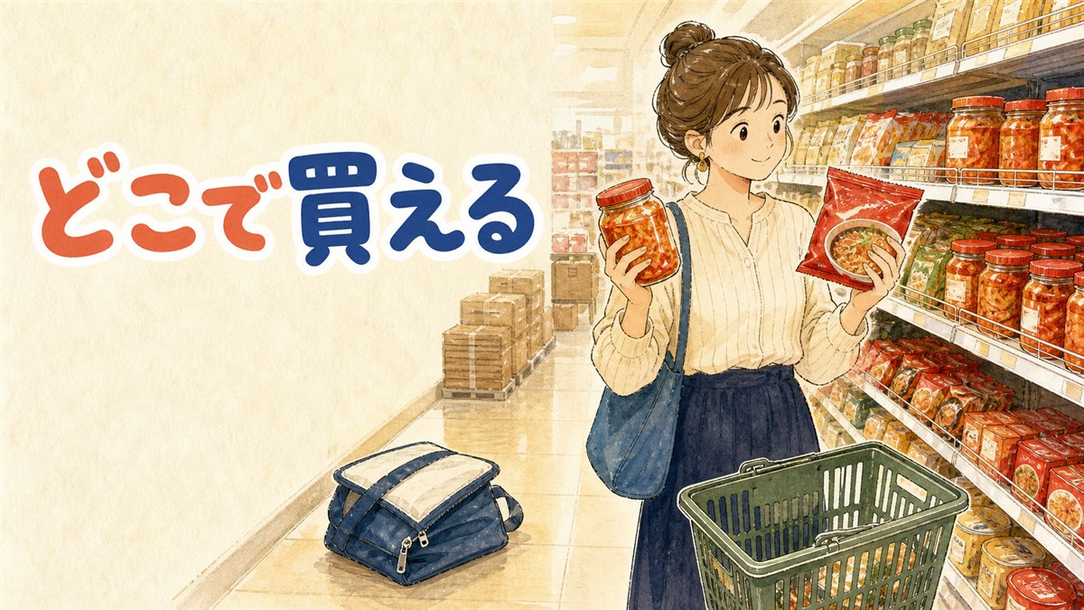 日本で韓国食品を買える店の種類を、専門スーパーからコリアタウン・一般小売・通販まで見比べるイメージ